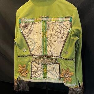 Denim Jacket Green with Bronze Accents Upcycled Women's Size M
